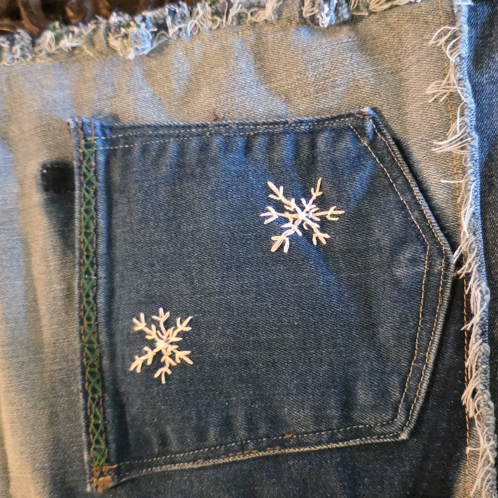 HAND CRAFTED Christmas Stocking UPCYCLED Flannel Fabric Denim Blue Jeans - Picture 10 of 12